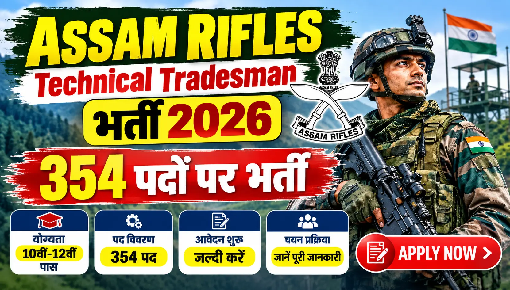 Assam Rifles Technical Tradesman Bharti 2026 354 पदों पर भर्ती, 10वीं-12वीं पास के लिए आवेदन शुरू